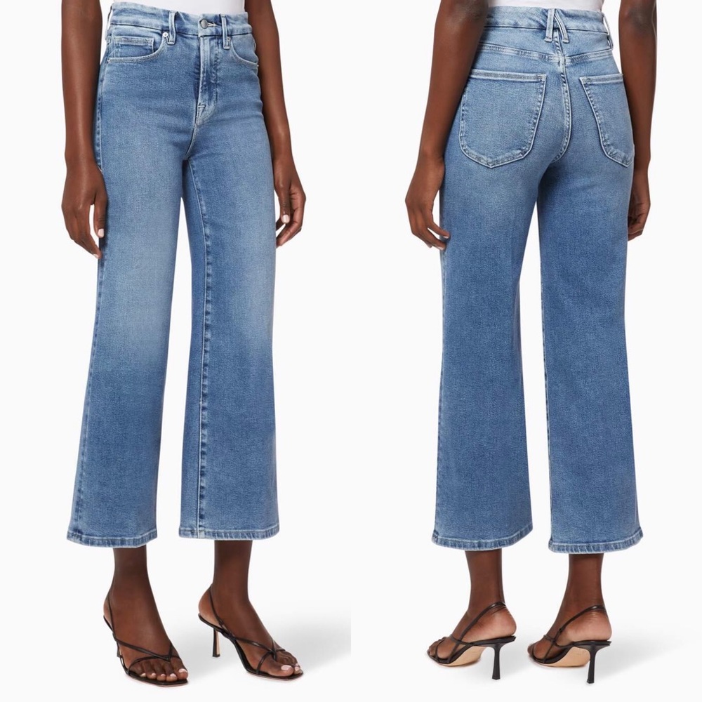 Good American Good Waist Palazzo Blue Jeans 18 Plus High-Waisted Cropped Wide